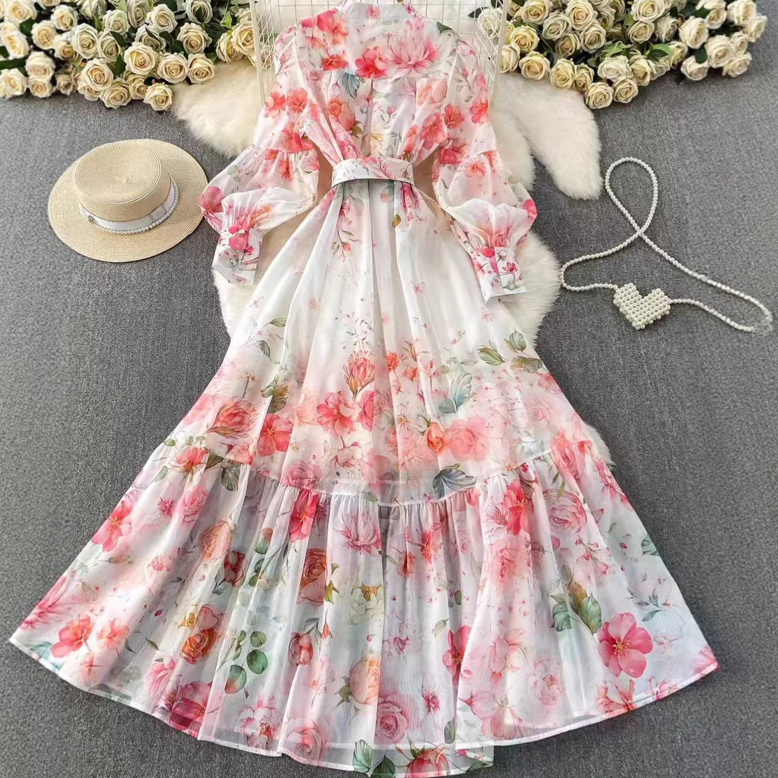 Elegant Floral Print Long Dress for Women Lightweight Lantern Sleeve Waist Defined Ruffle Hem Perfect for Spring