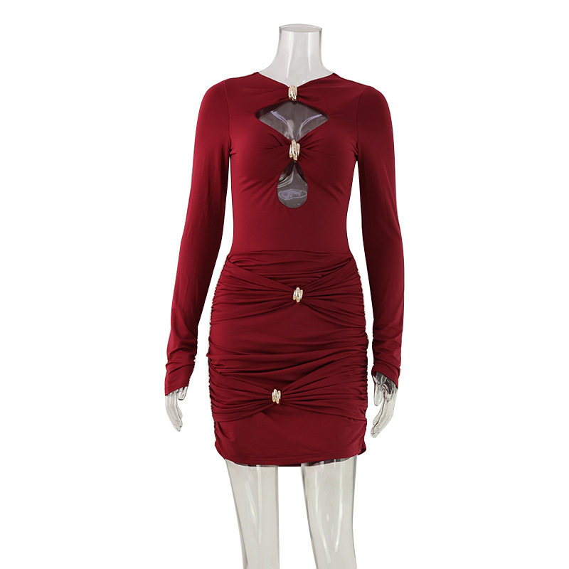 Long Sleeve Bodycon Dress Hollow Out Design Solid Color Elegant Style Perfect for Spring Occasions Wholesale
