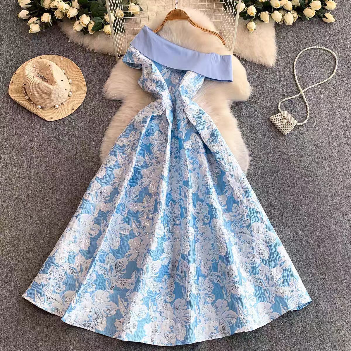 Off Shoulder Floral Print Dress High Waist A Line Silhouette Elegant Design Perfect for Work or Special Occasions