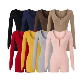 European and American Sexy Round Neck Long-Sleeved Jumpsuit Women's Pants Autumn and Winter Buttoned Waist Tight Hip-Hugging Yoga Shorts