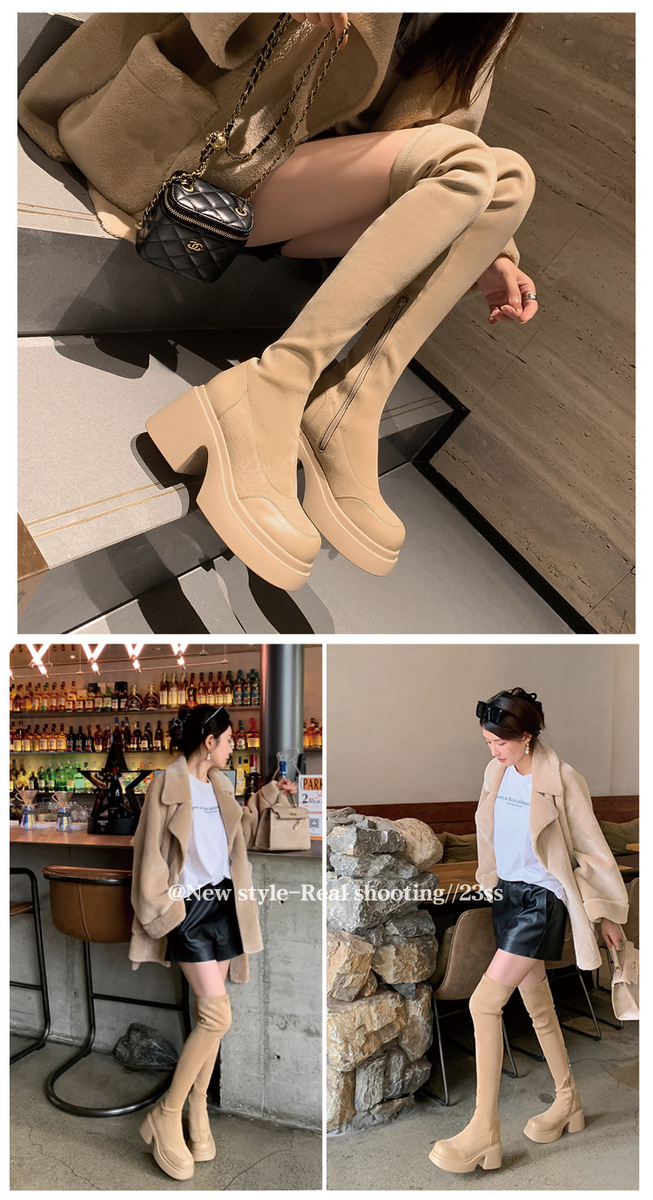 Boot nữ cổ cao quá gối gót vuông 7.5cm phối da bò và vải co giãn — Lót nhung ống lớn màu nâu, Lót nhung ống nhỏ màu nâu, Màu đen ống lớn lót nhung bên trong, Màu đen ống nhỏ lót nhung bên trong