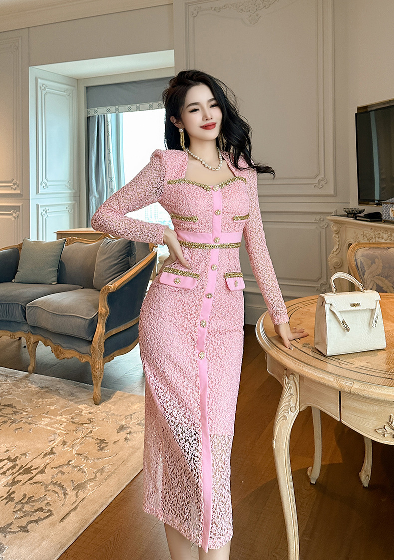 Đầm ren nữ cổ vuông dài tay phối dây xích ôm body thanh lịch — Hoa Anh Đào
