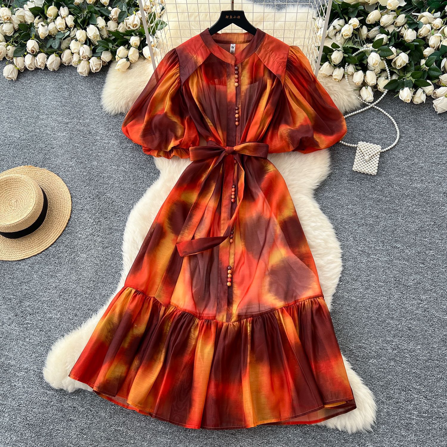 Luxury European Style Printed Puff Sleeve Dress for Women Summer Waist Tie A Line Elegant High Quality Fabric