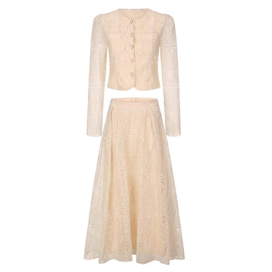 Chic Lace Two Piece Set Fitted Top with Pearl Button High Waisted Flared Skirt Autumn Office Wear Wholesale Available