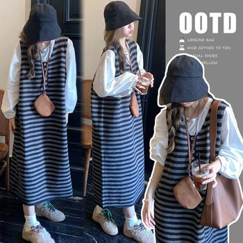 2025 New Autumn and Winter Suit Korean Style Fashion Loose Cotton Top Thickeneded Stripesd Vest Skirt Two-Piece Set
