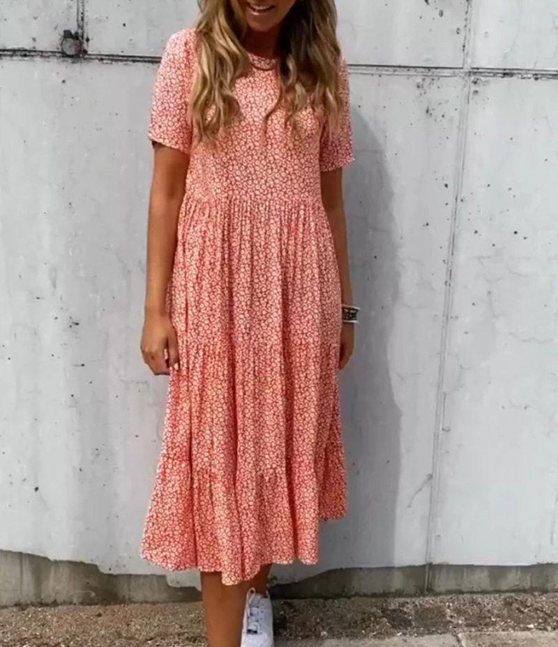 Floral Print Short Sleeve Dress Round Neck Summer Style Casual Wear Wholesale Available low MOQ