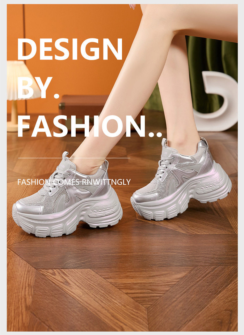 Giày sneaker nữ đế dày chunky tăng chiều cao lưới thoáng khí mùa hè — Trắng, Bạc chi tiết 10