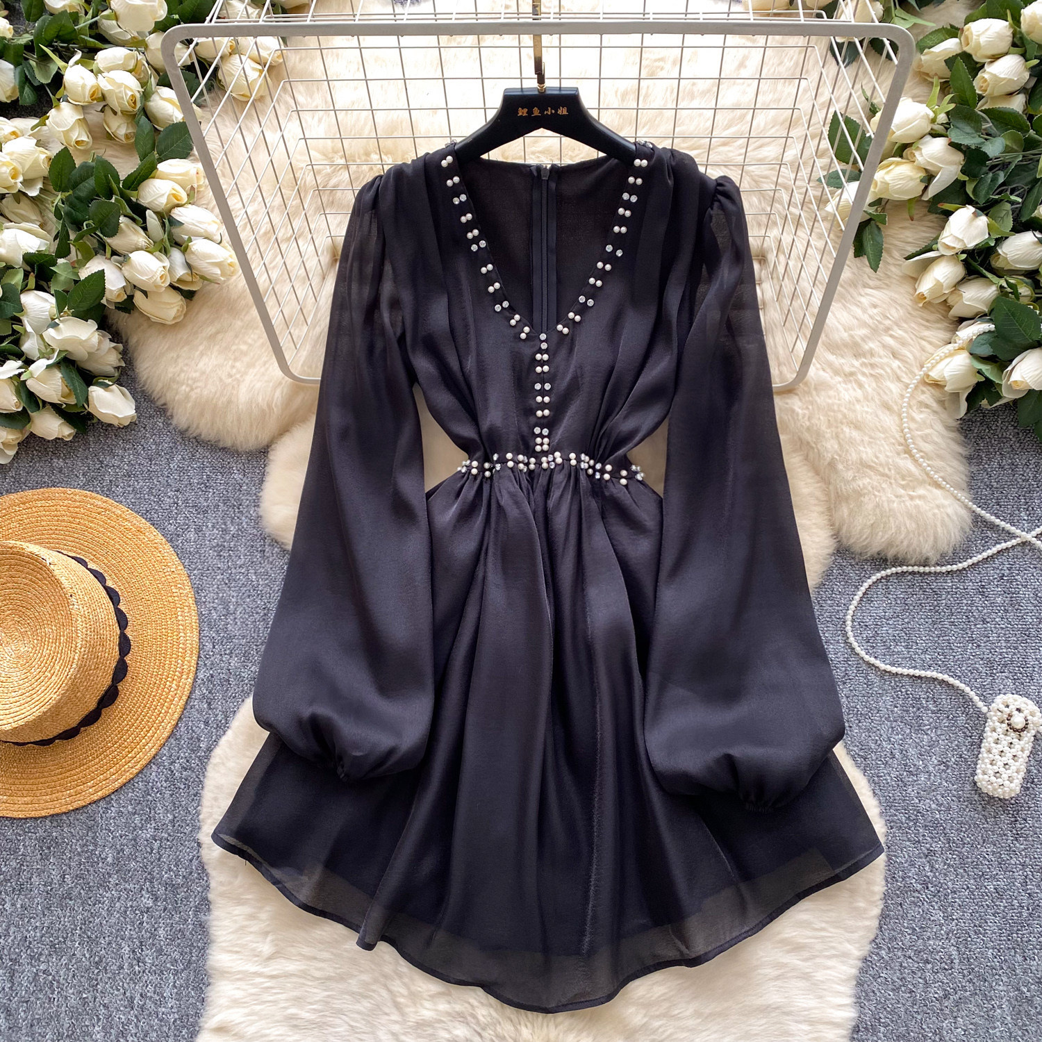Korean Style Beaded Sexy Dress Purple V Neck Slim Fit Long Length Summer Casual Wear Wholesale Available