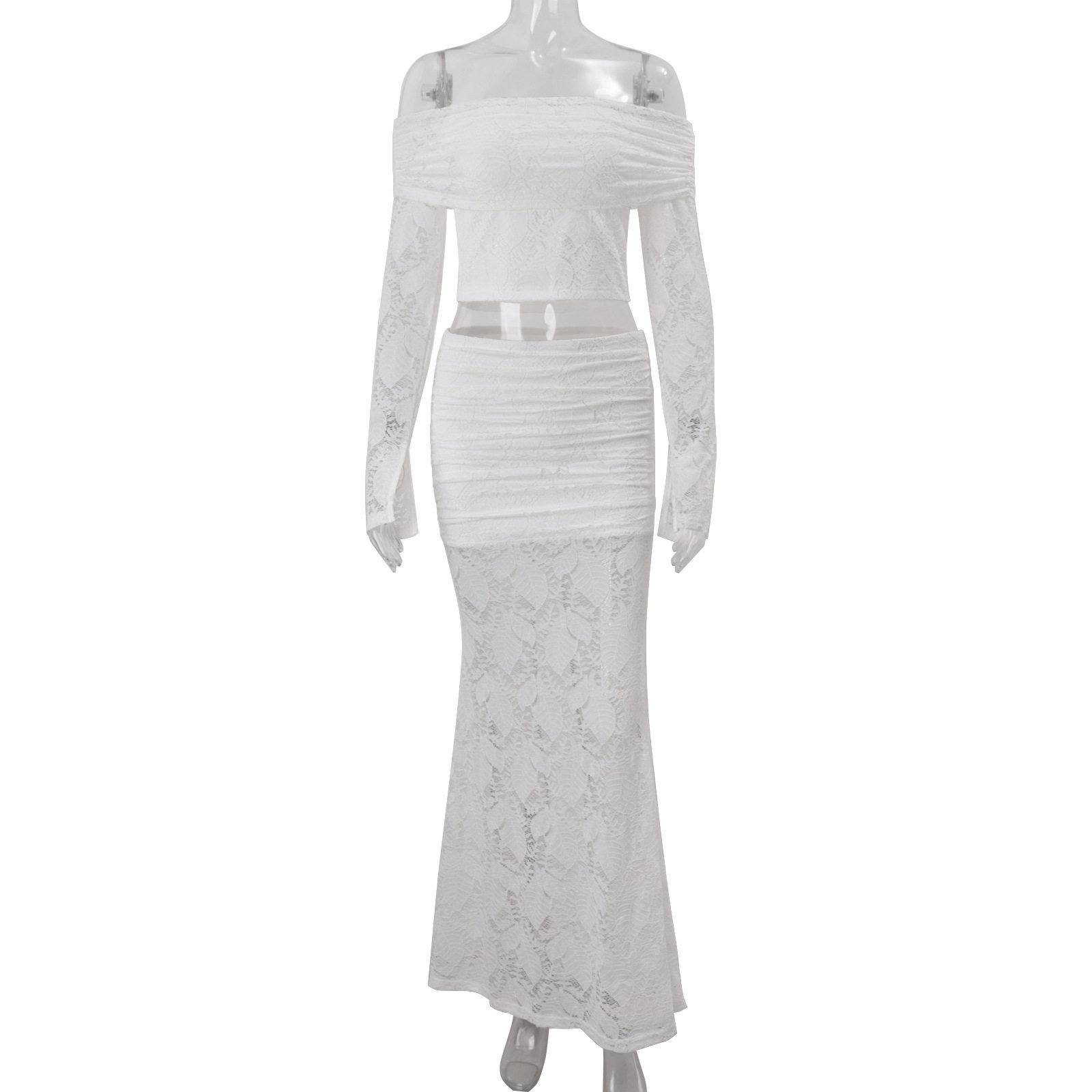 Off Shoulder Lace Long Sleeve Top and Fishtail Skirt Set Slim Fit Elegant Design Autumn Fashion Wholesale Available