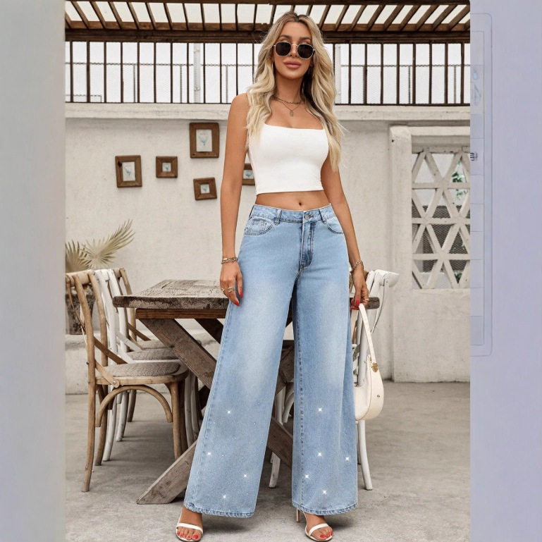 Womens Low Rise Straight Leg Rhinestone Embellished Wide Leg Jeans Casual Chic Style Wholesale Available