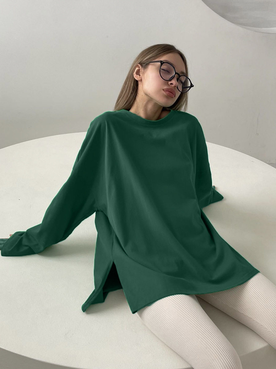 Loose Fit Long Sleeve Split T Shirt for Women 100 Cotton Solid Color Casual Style Spring Summer Collection