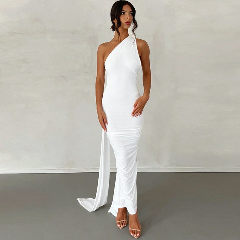 Backless Halter Dress Fitted Pleated Floor Length Elegant Design Evening Party or Formal Occasion Wholesale