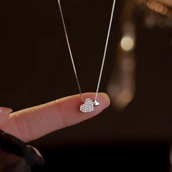 New Double Love Heart-Shaped Necklace Women's Flash Diamond Light Luxury Simple Sweet Niche Necklace with Diamond for Girlfriend Jewelry