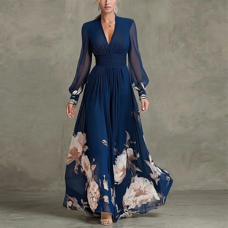 Womens Spring Dress Elegant Floral Print Waist Defined Long Silhouette Perfect for Casual or Formal Occasions