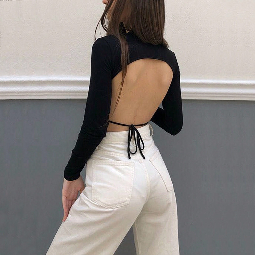 Slim Fit Half Turtleneck T Shirt Sexy Backless Design Long Sleeve Short Crop Spring Summer Womens Fashion