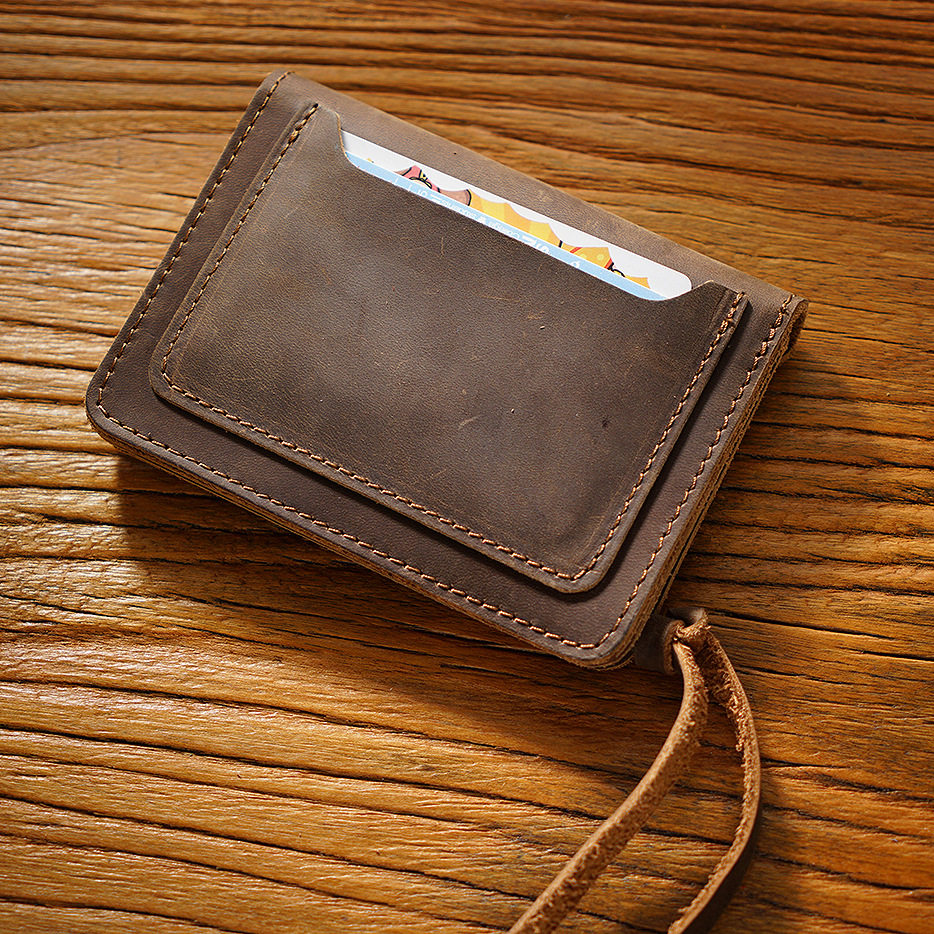 Cross-border first layer cowhide simple card holder handmade leather short wallet vintage Crazy Horse leather zipper wallet storage bag