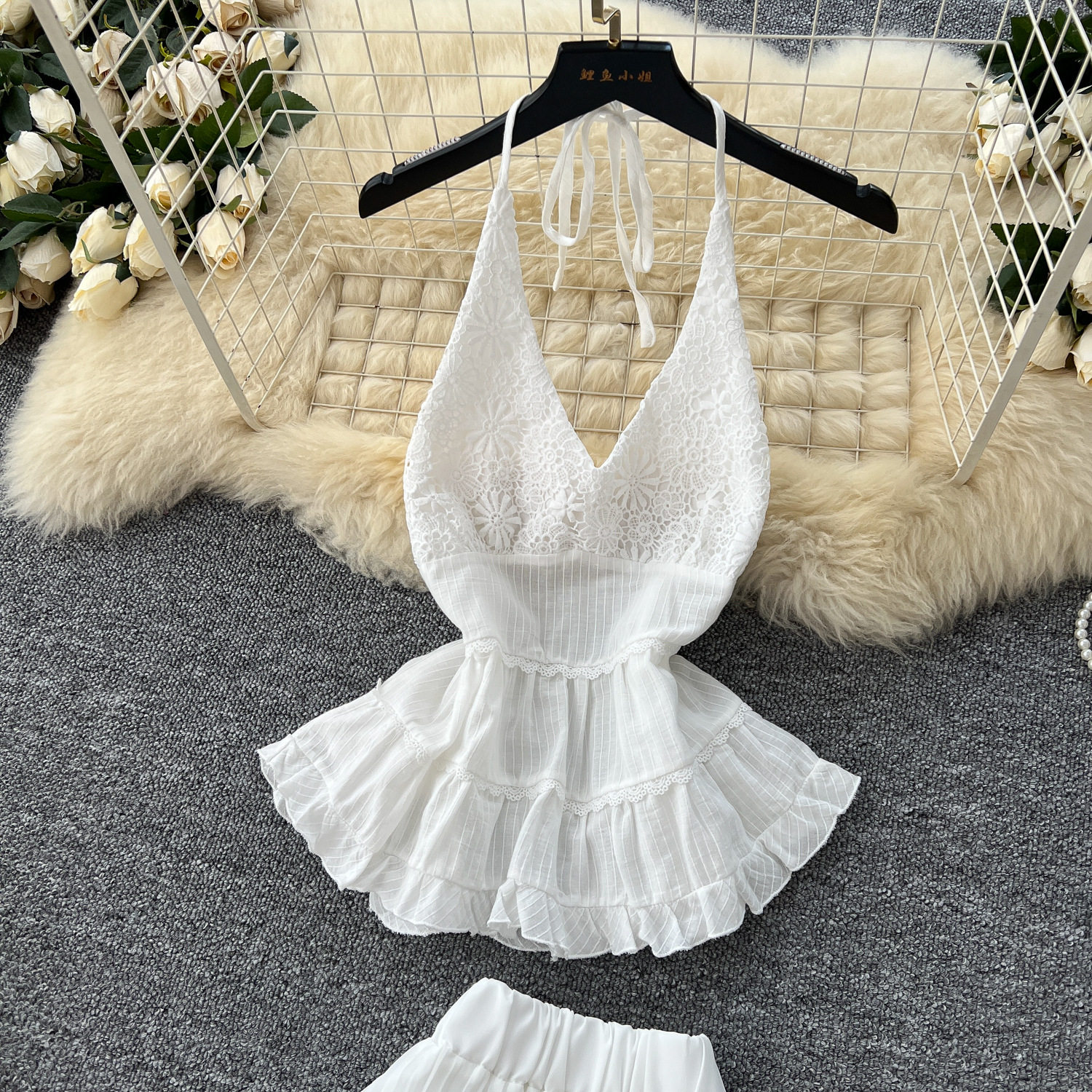 White Summer Vacation Set for Women Lace Trim Halter Neck Top and Chiffon Skirt Casual Beachwear