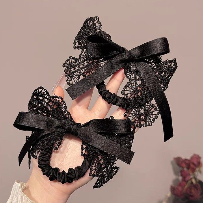 High-End Black Lace Ribbon Bow Hair Rope Women's New Hair Tie French Accessible Luxury Niche Ball Hair Accessories