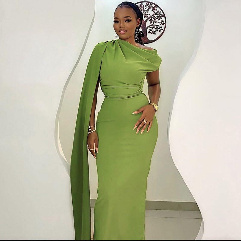 Elegant Womens Midi Dress Slim Fit Ruffled Asymmetrical Neckline Solid Color Tie Detail Perfect for Formal