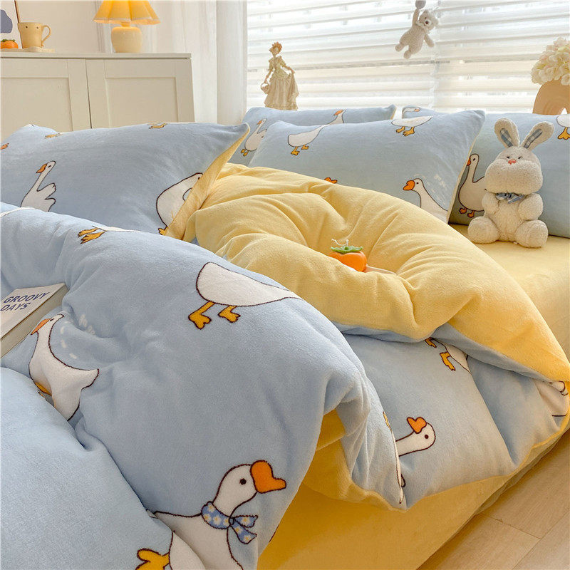 Winter Bed Four-piece Milk Velvet Quilt Cover Flannel Bed Sheet Student Dormitory Double-sided fleece-lined Three-piece Set Home