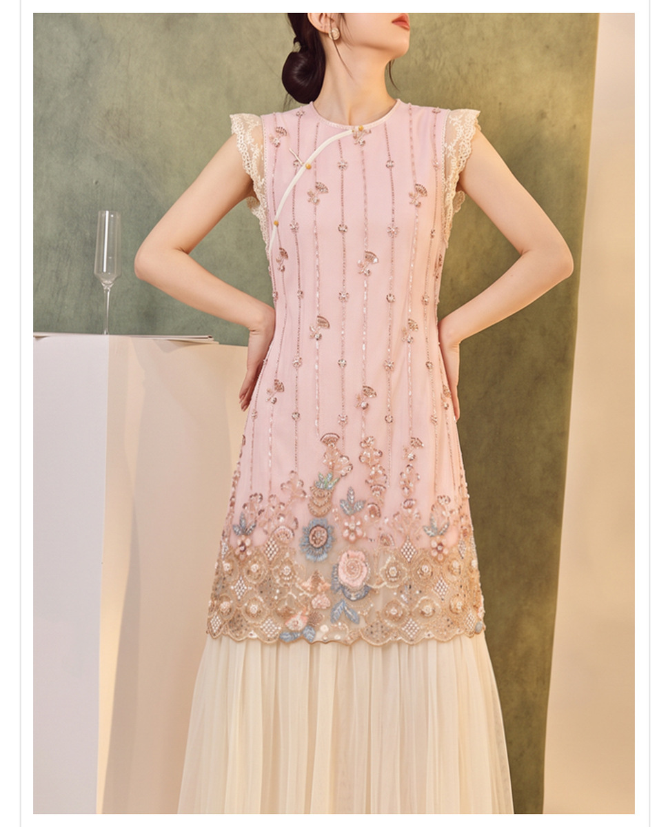 Đầm dài nữ thêu đính sequin phối ren tay cánh tiên dáng chữ A — Màu hồng nhạt