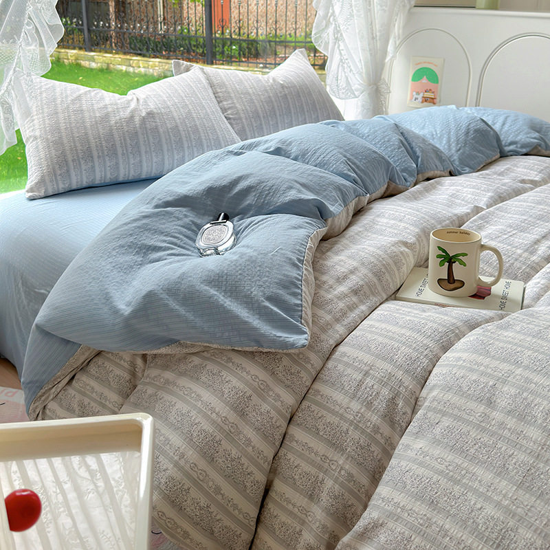 Class A Mother and Infant Grade Washed Cotton Bed Four-piece Set ins Fresh Bed Sheet Quilt Cover Bed Hat Student Dormitory Three-piece Set