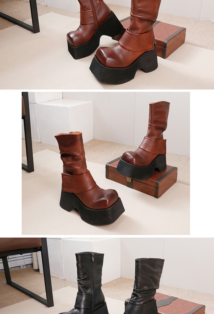 Boot nữ cổ trung da bò thật thủ công gót nêm đế dày mềm nhẹ — màu đen, nâu sẫm