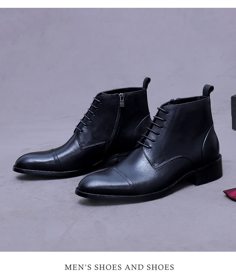 Giày boot nam cổ thấp da bò thật dây kéo phong cách công sở — đen, nâu