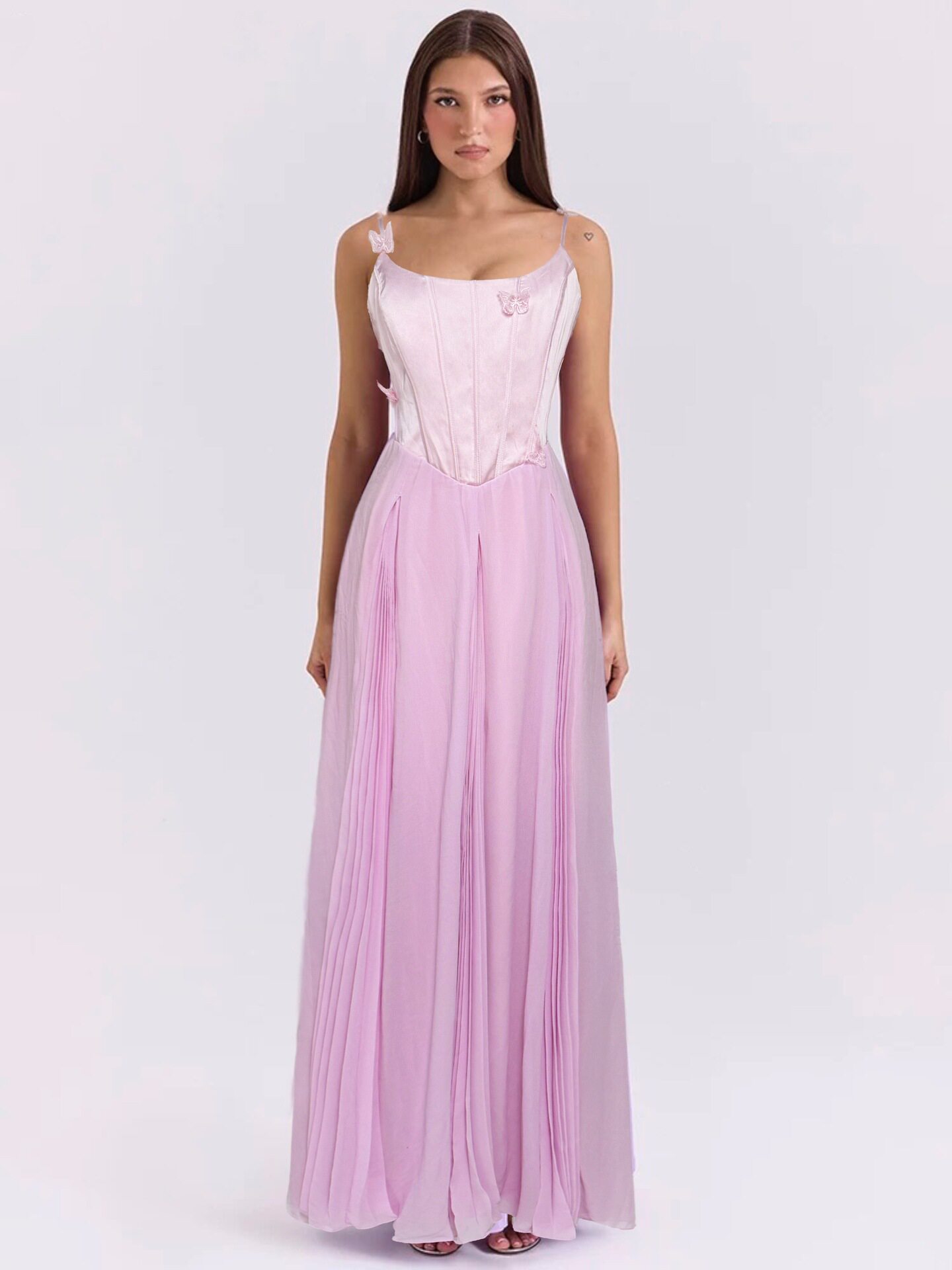 Elegant A Line Dress Solid Color 3D Butterfly Decoration Waist Defining Flared Skirt Perfect for Parties and Events