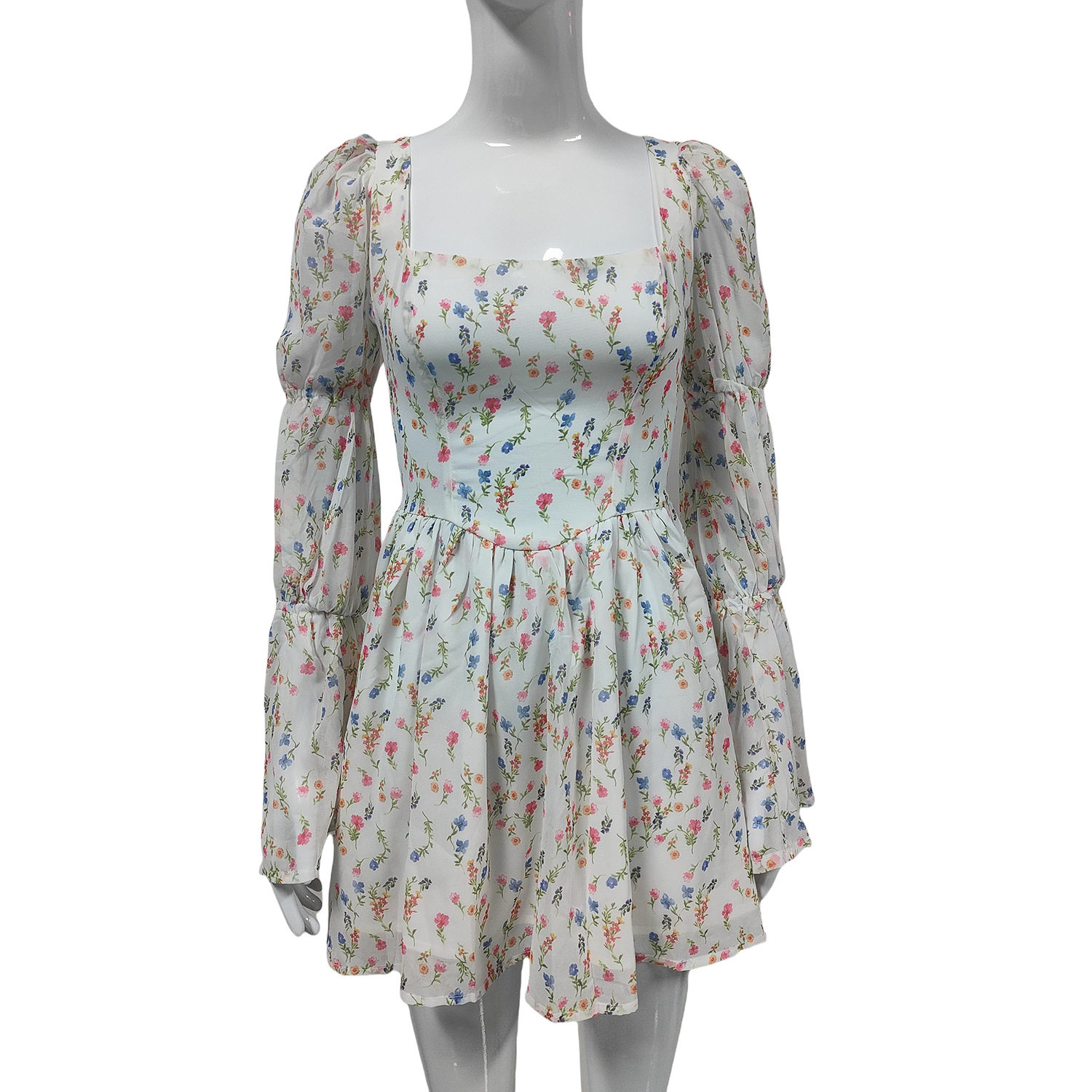 French Vintage Floral Puff Sleeve Dress Square Neck Autumn Collection Elegant Style Wholesale Available
