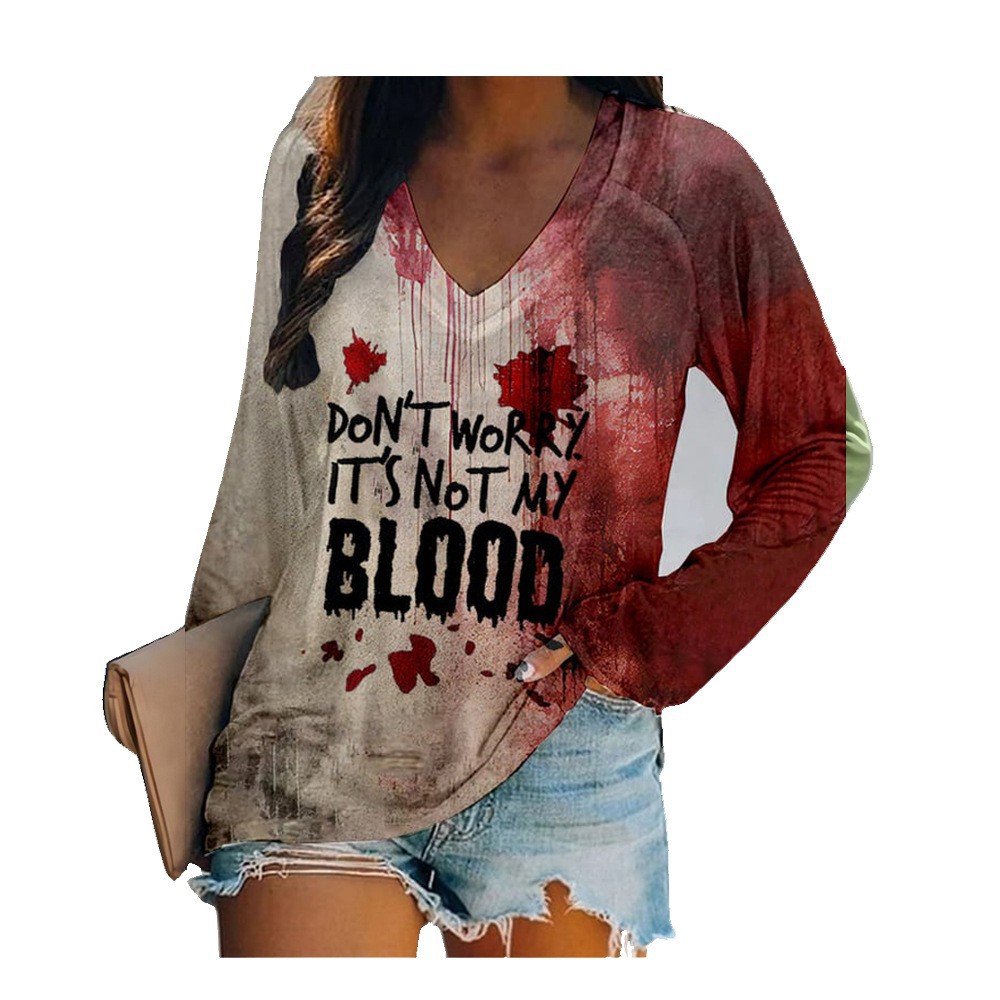 外贸跨境夏季女装简约休闲v领长袖T恤印花T恤女 独立站厂家货源