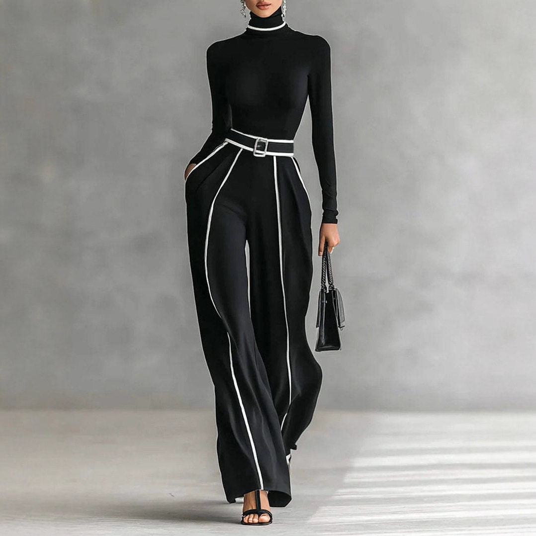 Womens Color Block Long Sleeve Top and High Waisted Wide Leg Pants Set Winter Collection Casual Chic Style Wholesale