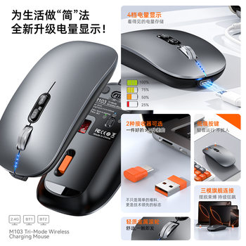 Three-Mode Bluetooth Wireless Mouse with Battery Indicator, One-Click Return to Desktop, Silent, Rechargeable, In-Stock Wholesale for Tablets