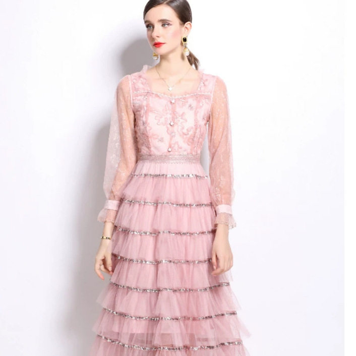 Elegant Long A Line Dress for Women Square Neck Sequin Patchwork High End Luxury Perfect for Formal Events and