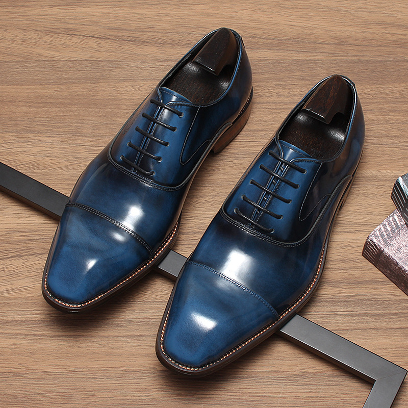 Giày Oxford nam da bò thật đánh màu thủ công, giày công sở dự tiệc — Xanh ngọc lam, màu đen, Màu đỏ rượu, Màu nâu vàng