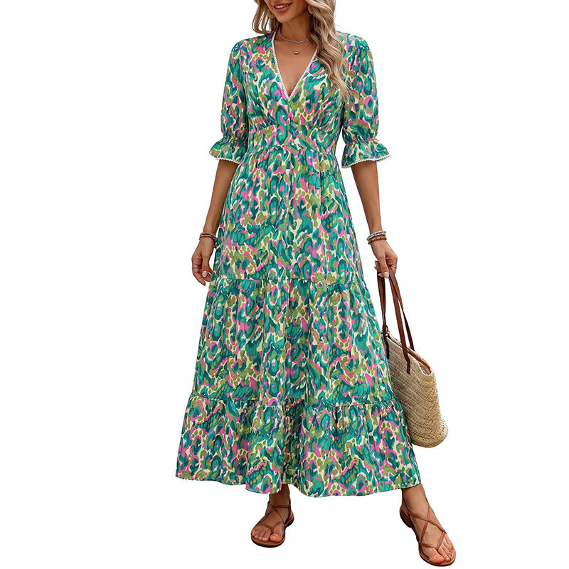 Abstract Print V Neck Midi Cake Dress Ethnic Style Short Sleeve Vacation Ready Wholesale Available