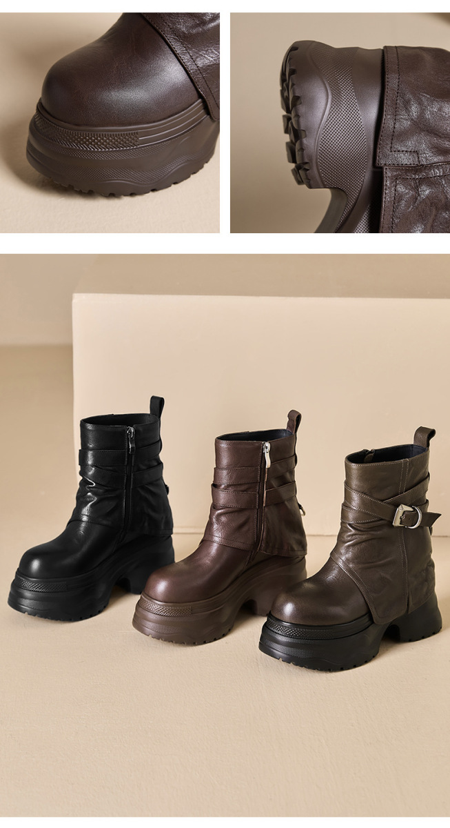 Boot nữ cổ thấp tăng chiều cao 12cm đế dày khóa kéo bên hông — Kaki lót đơn, Lớp lót đơn màu đen, Lớp lót đơn màu nâu, Lót nhung đen