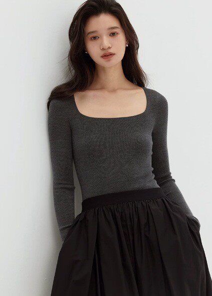 100%美丽诺羊毛方领针织衫修身显瘦薄款长袖上衣气质通勤打底衫女