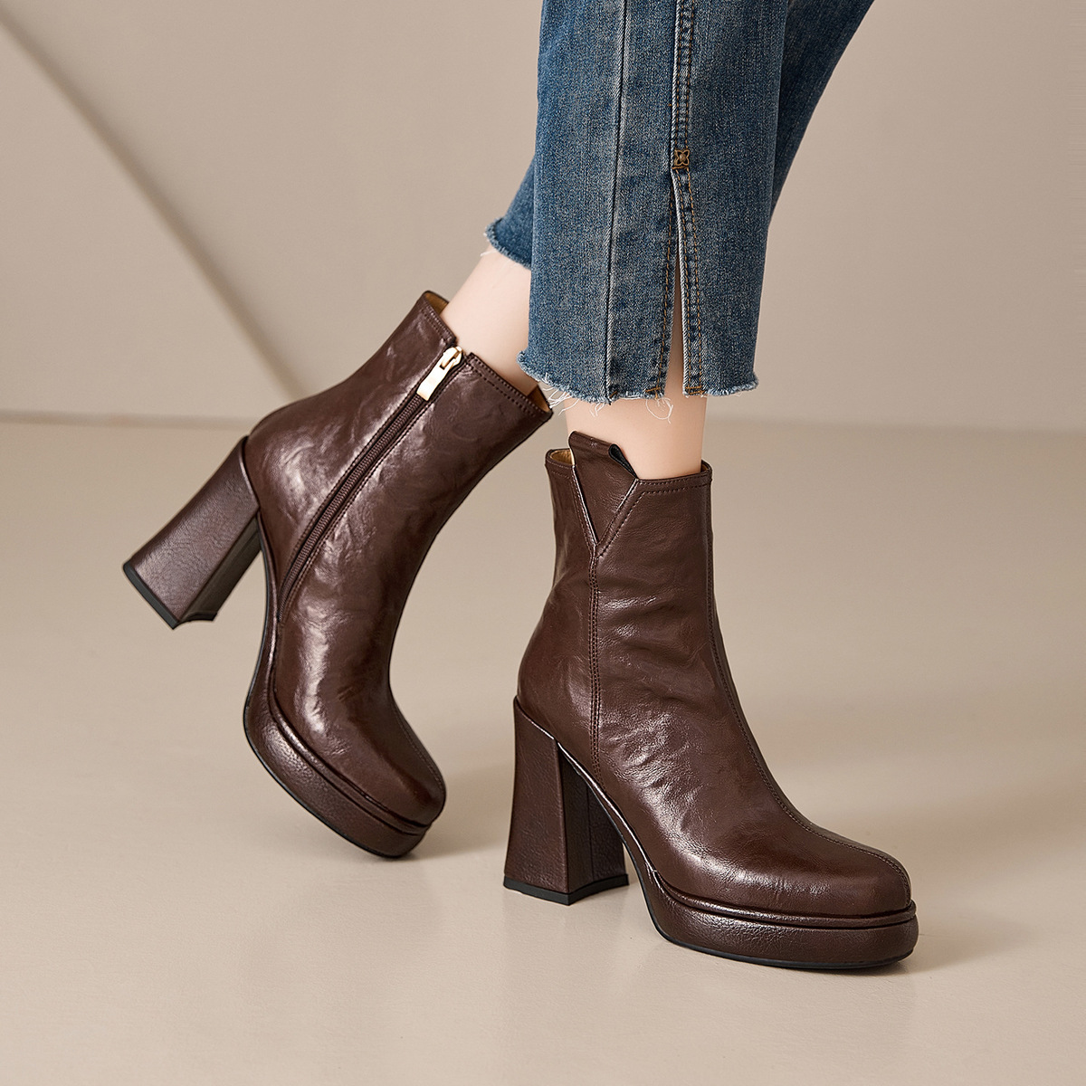 Boot nữ cổ thấp gót thô 10cm khoá kéo bên hông, da bò vân mềm phong cách Anh — Lớp lót đơn màu đen, Lớp lót đơn màu nâu, Lót nhung đen, Lót nhung màu nâu