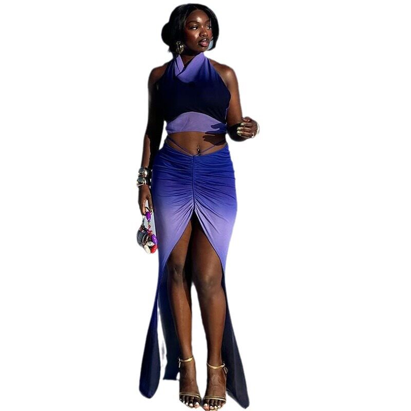 Fashion Floral Two Piece Set Sleeveless Backless High Slit Skirt Trendy for Summer Outings Wholesale Available