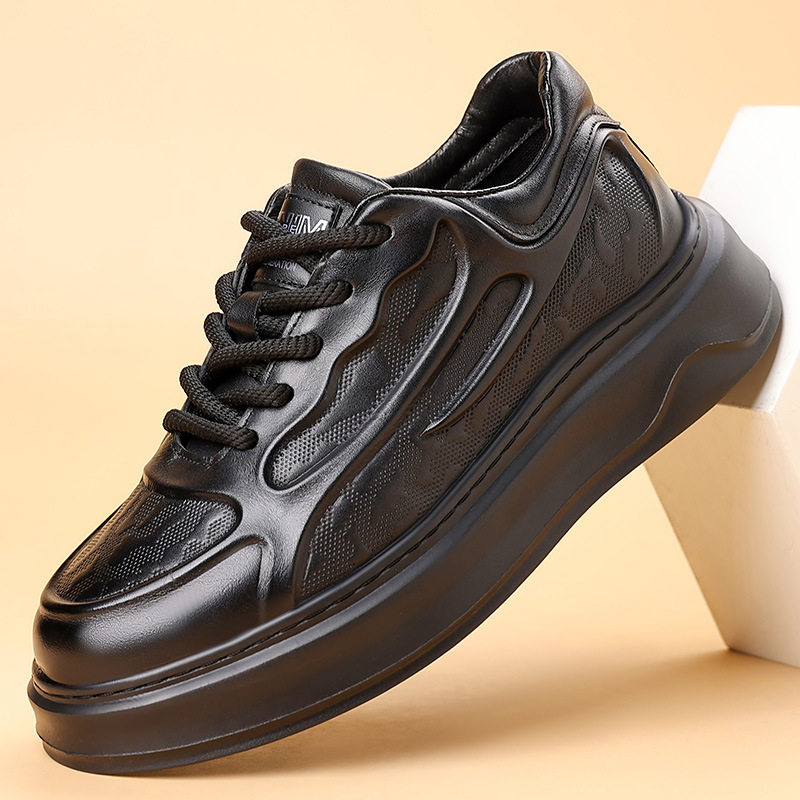 Giày Sneaker Nam Da Bò Mềm Mại Chiều Cao Đế Khoảng 4cm Màu Đen