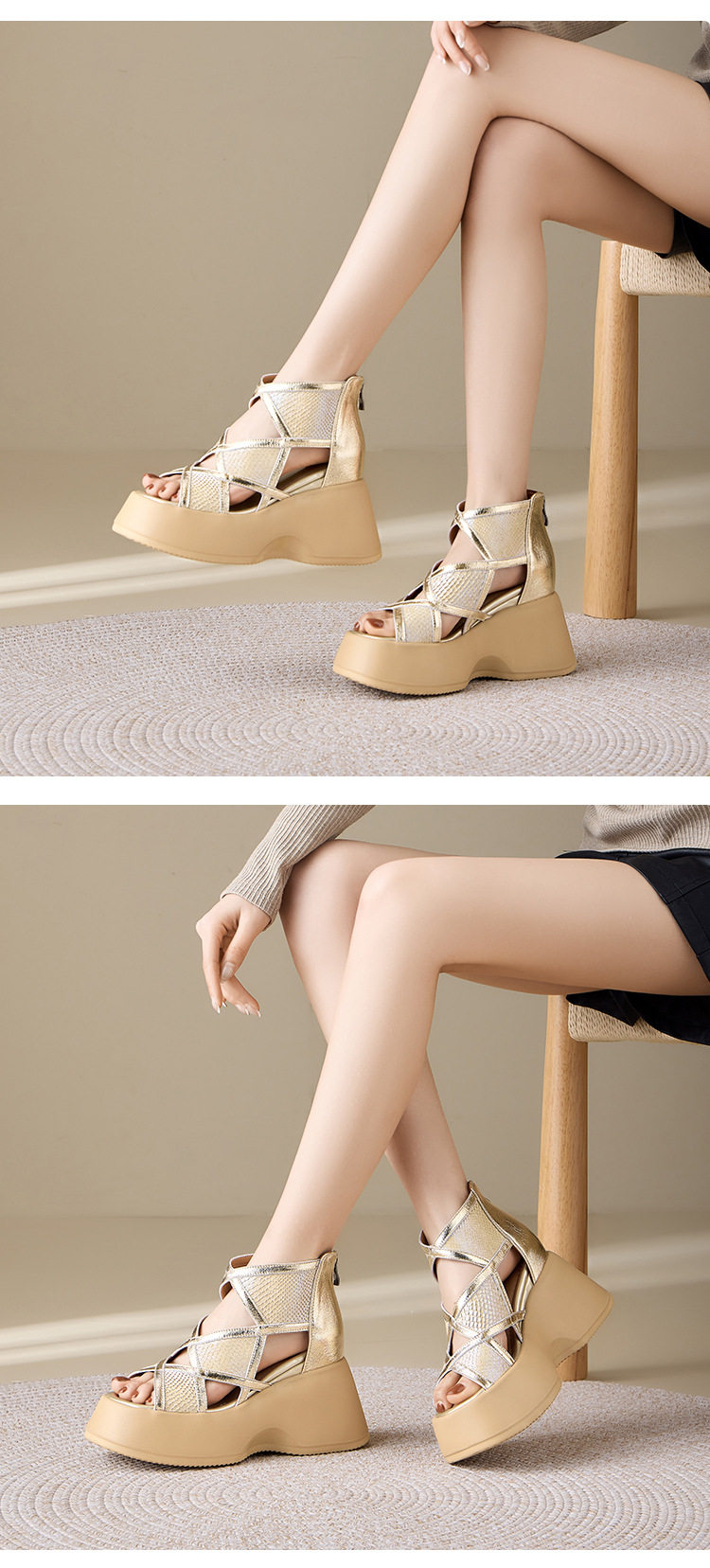 Sandal cao gót nữ hở mũi đế xuồng 10 cm, phong cách đơn giản, tăng chiều cao — [Màu kem], [Màu bạc] chi tiết 3