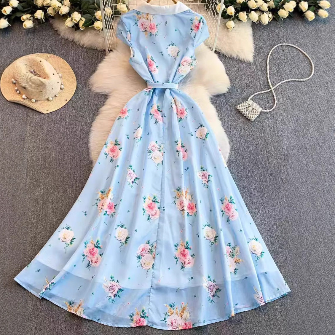 Vintage Floral Sleeveless Dress V Neck Waist Defined A Line Flowy Skirt Summer Vacation Style Wholesale Available