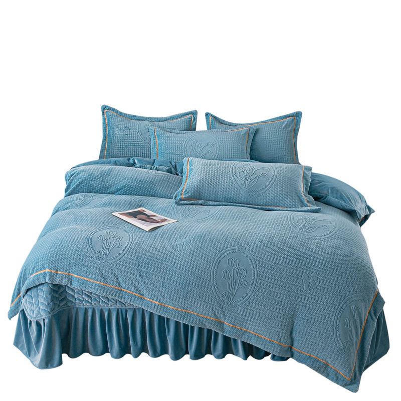 Winter thickened carved velvet milk velvet four-piece set coral velvet cotton bed cover bed skirt 4-piece set factory outlet