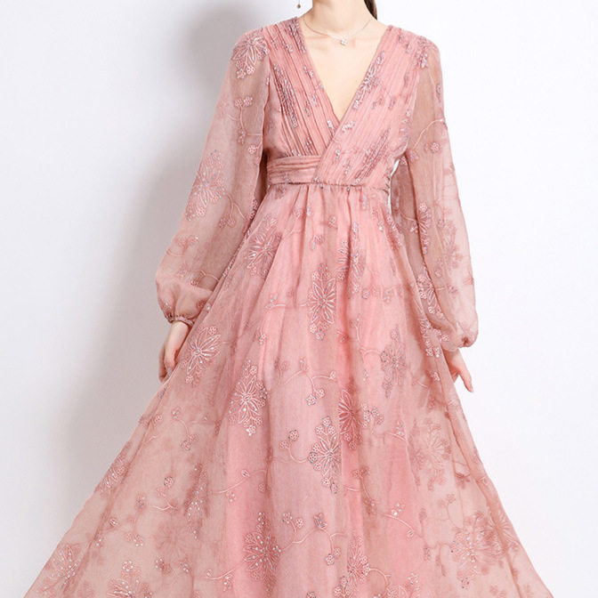 French Style Embroidered Sequin V Neck Lantern Sleeve Waist Defined Maxi Dress for Women Slim Fit Autumn Collection Wholesale