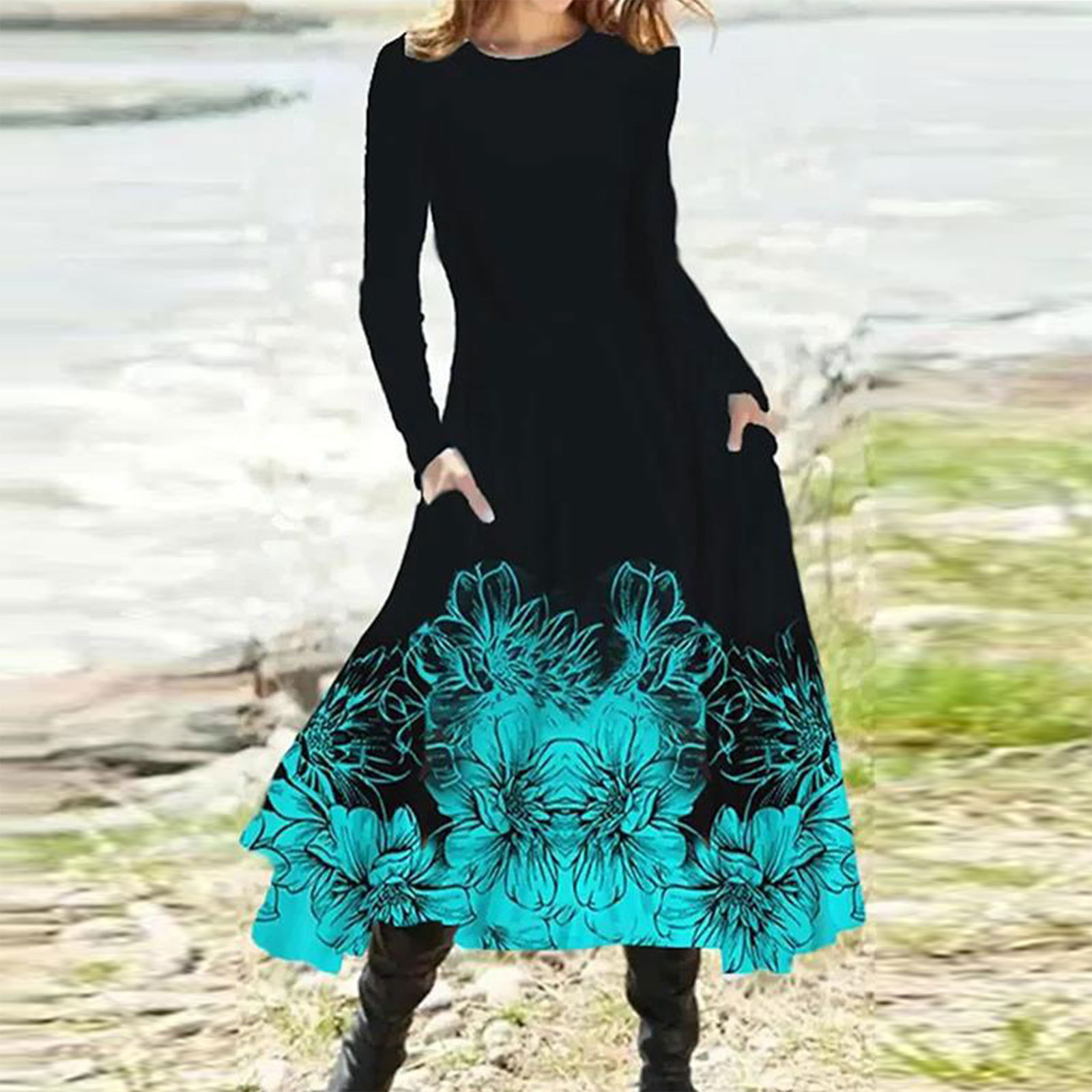 Long Sleeve Gradient Print Maxi Dress with Pockets for Fall Winter Wholesale in Various Sizes and Colors