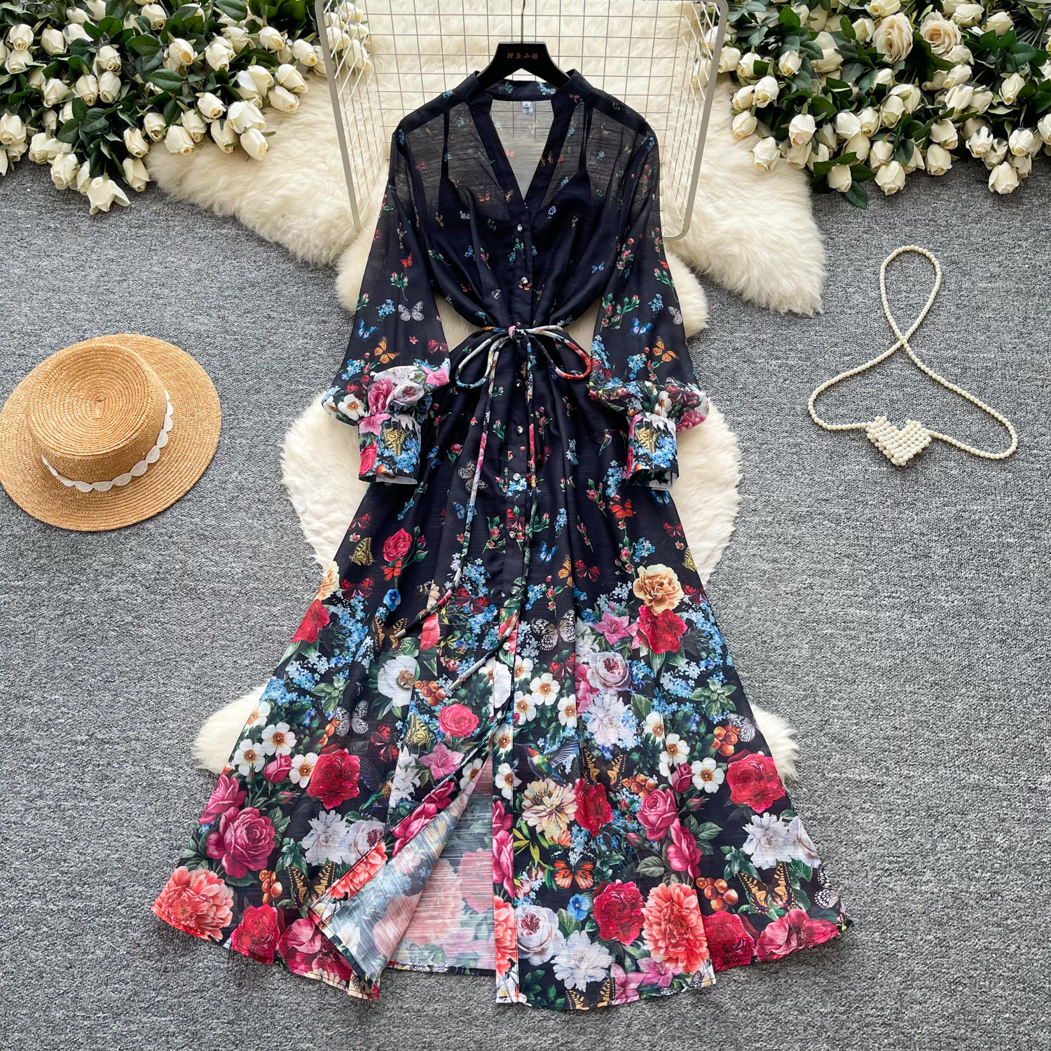 French Romantic Floral Print Long Sleeve V Neck Maxi Dress Slim Fit Waist Tie Flared Hem Perfect for Vacations