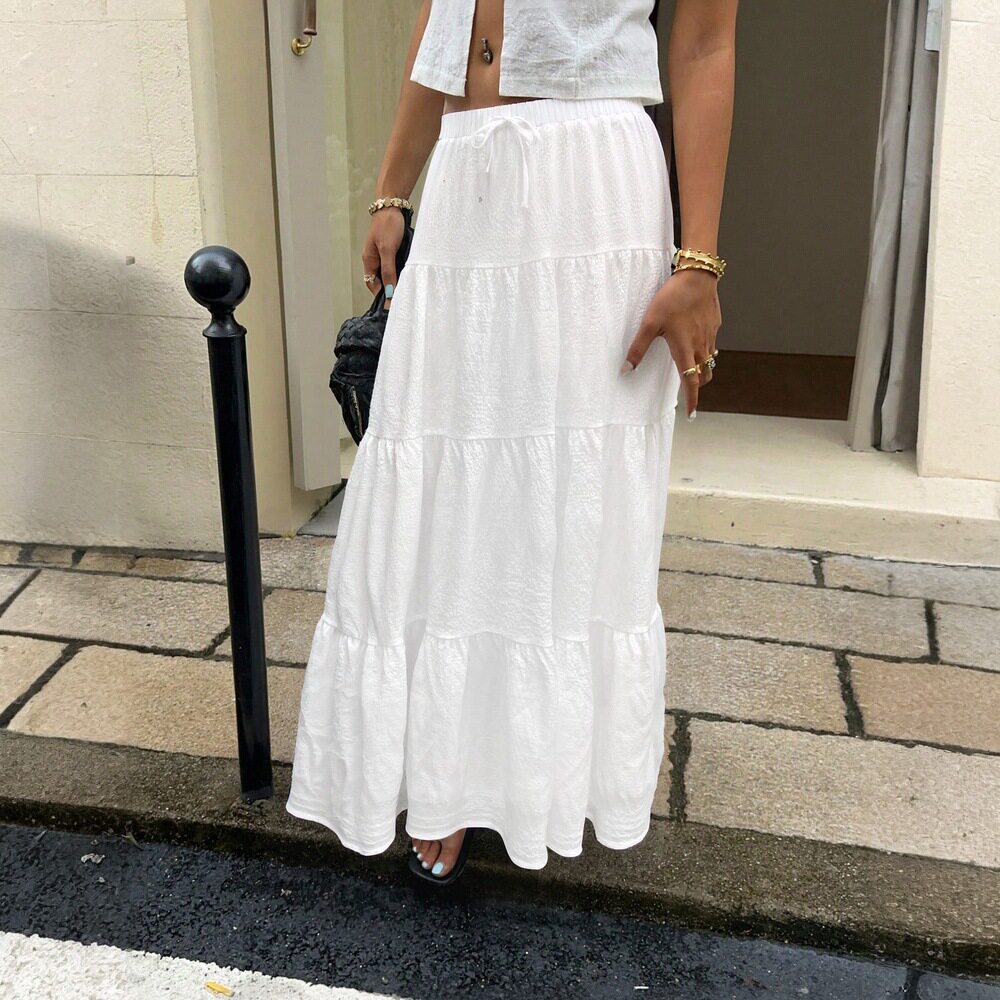 White Ruffled Drawstring Maxi Skirt Sweet Style Flowy Design Summer Wear Wholesale Womens Fashion Apparel
