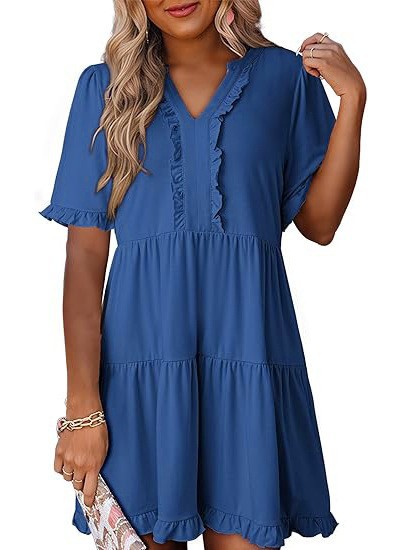 Loose Fit V Neck Short Sleeve Dress Solid Color Ruffle Hem Spring Summer Style Wholesale Available