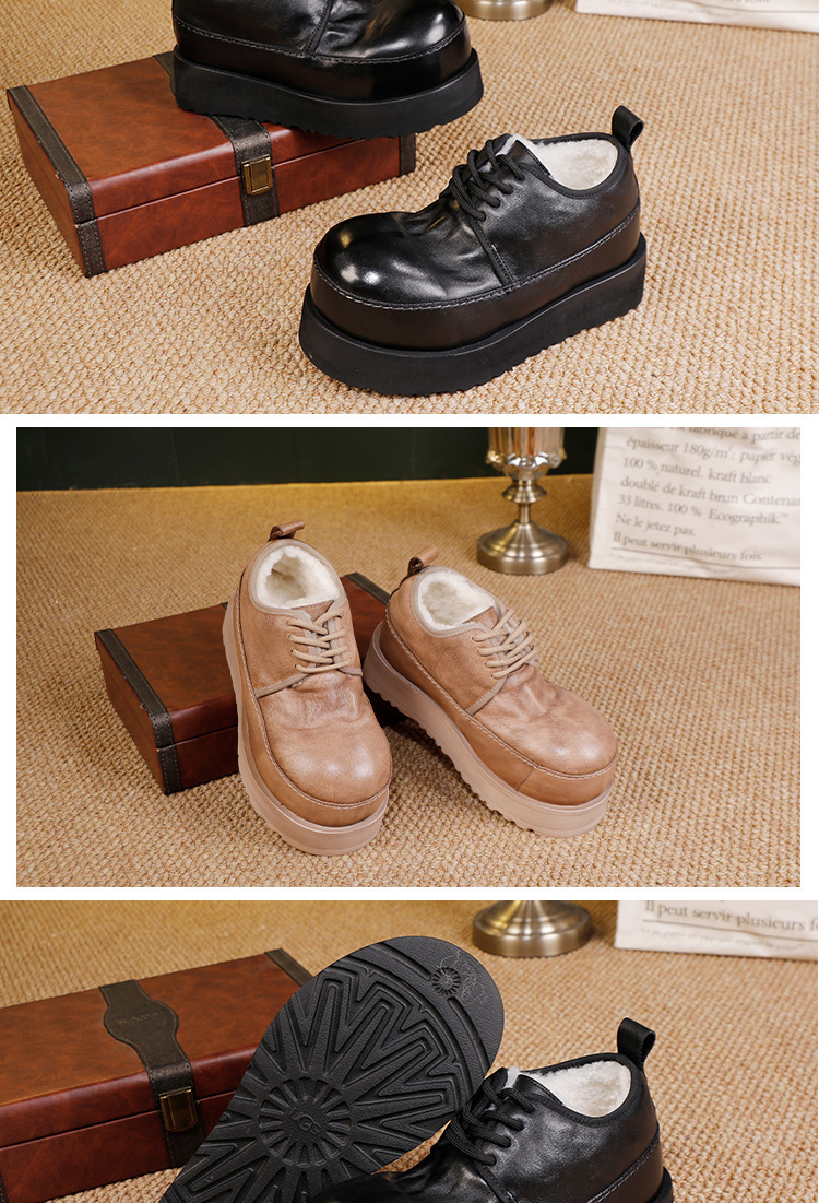 Giày boot nữ cổ cao da bò lót lông cừu đế dày buộc dây — Kaki, màu đen